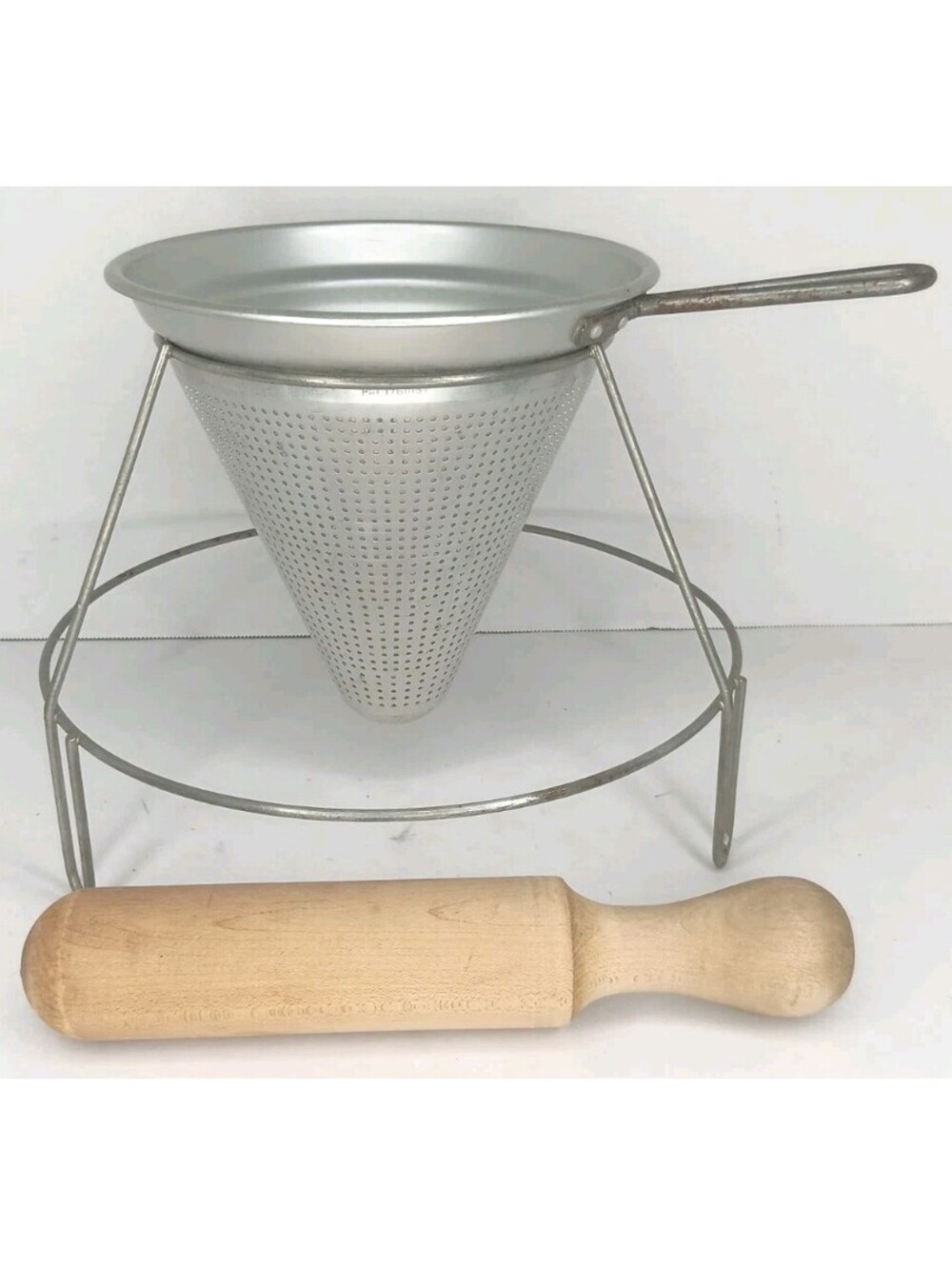 Vintage Aluminum Cone Colander w/Steel Rack and Pestle, WEAR-EVER # 334 1/2